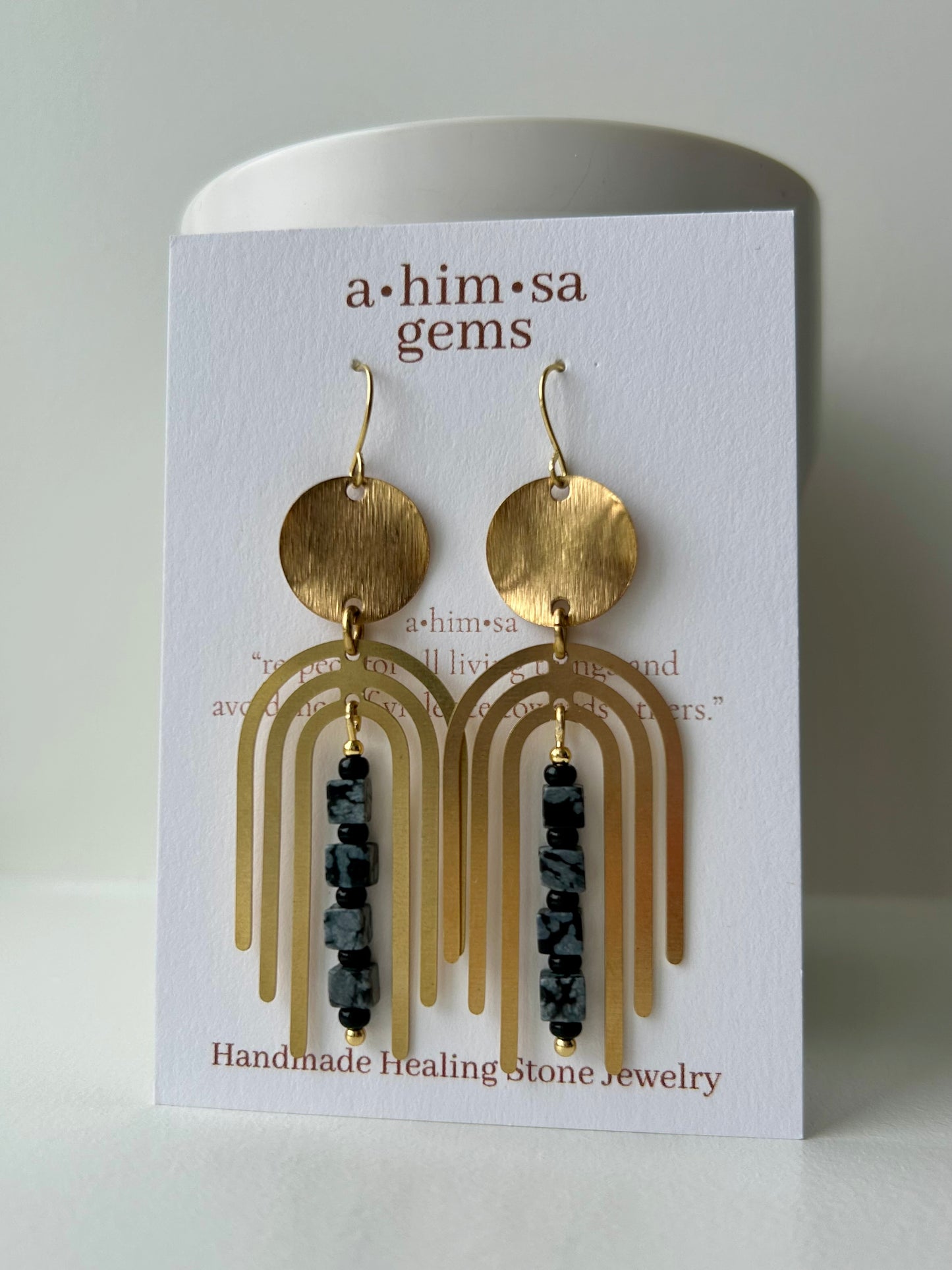 Snowflake Obsidian Arches Brass Earrings