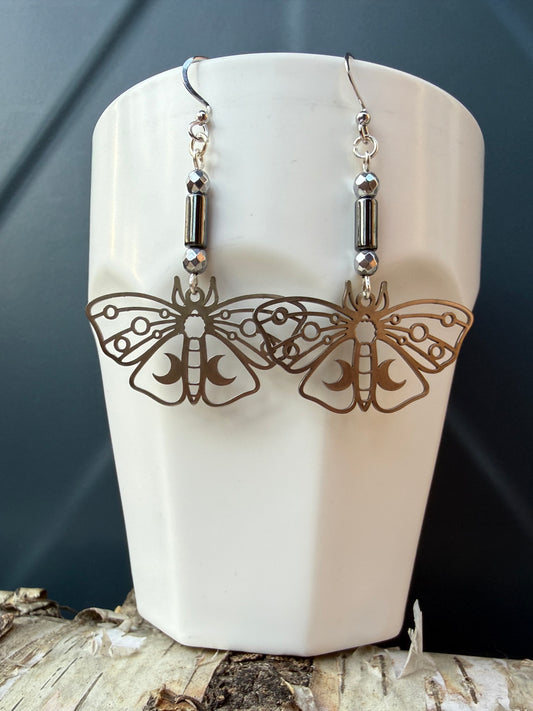 Hematite Stainless Steel Moth Earrings
