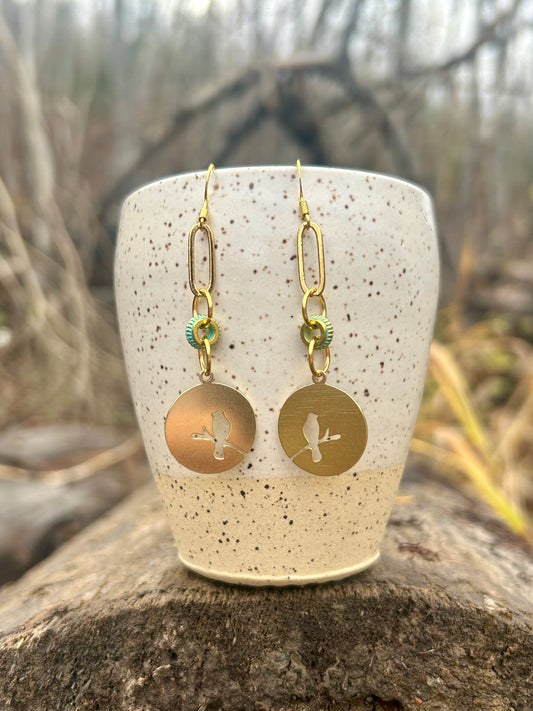 Put A Bird On It Turquoise Chain Brass Earrings