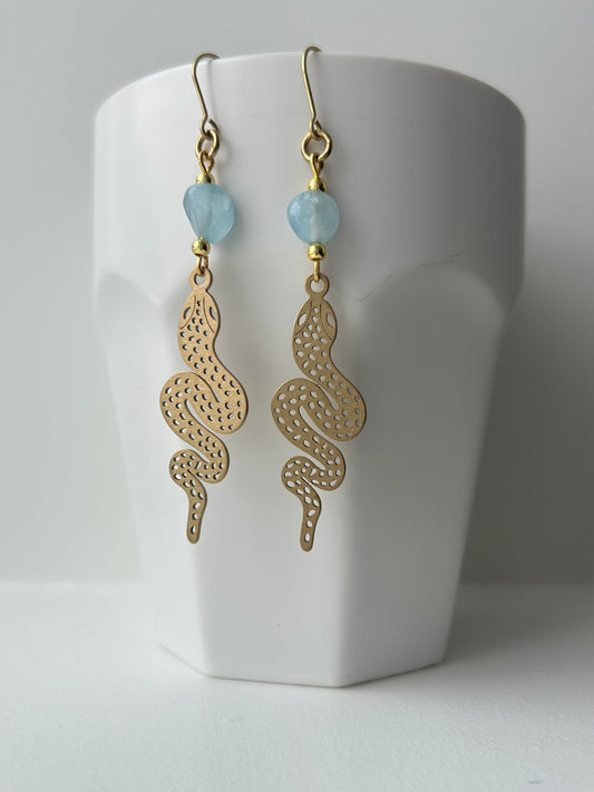 Aquamarine Snake Brass Earrings