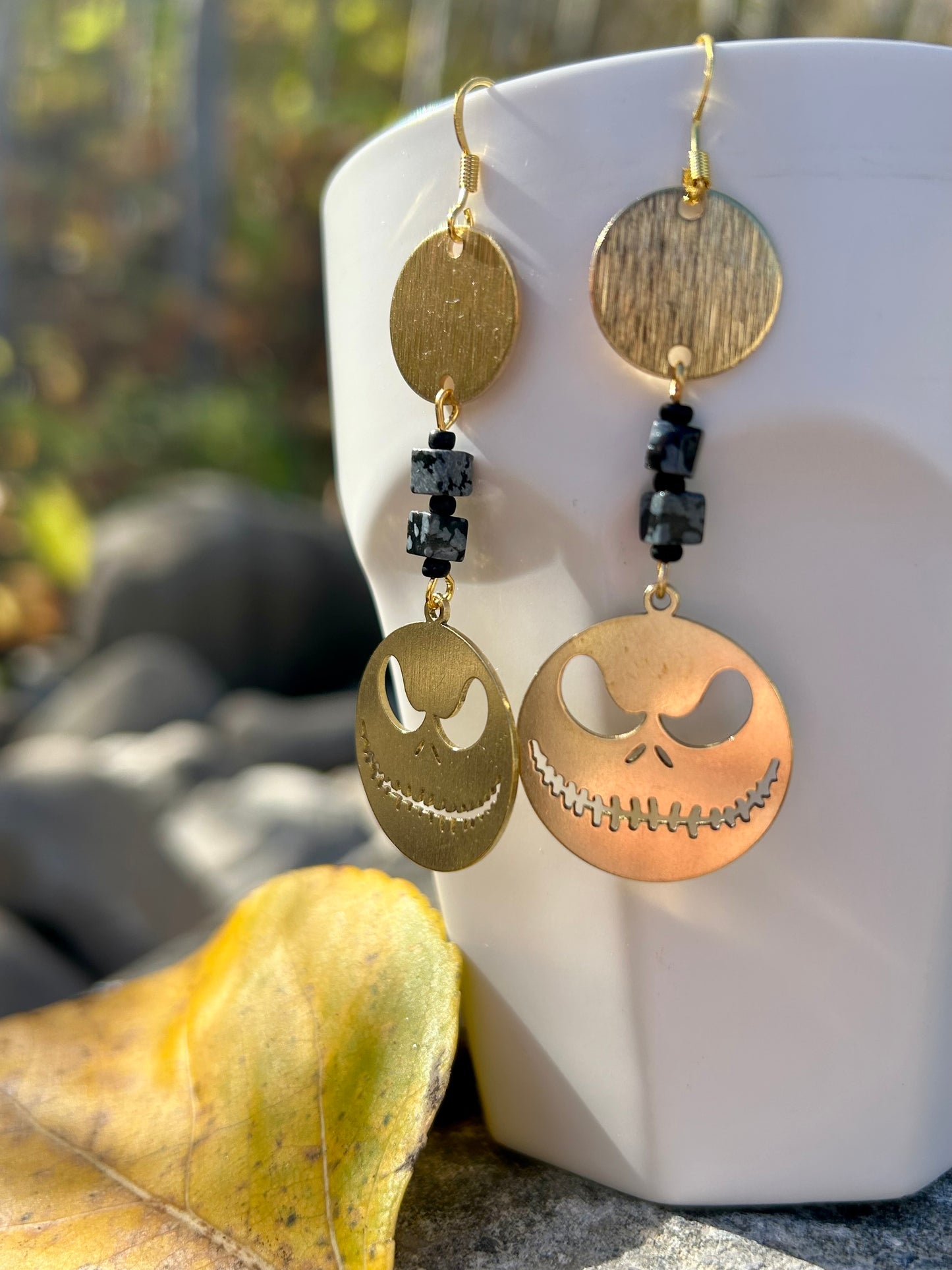 Snowflake Obsidian Scary Pumpkin Brass Earrings