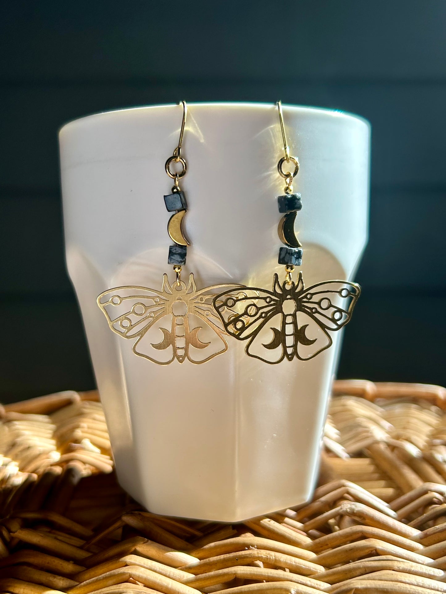 Moth Snowflake Obsidian Brass Earrings