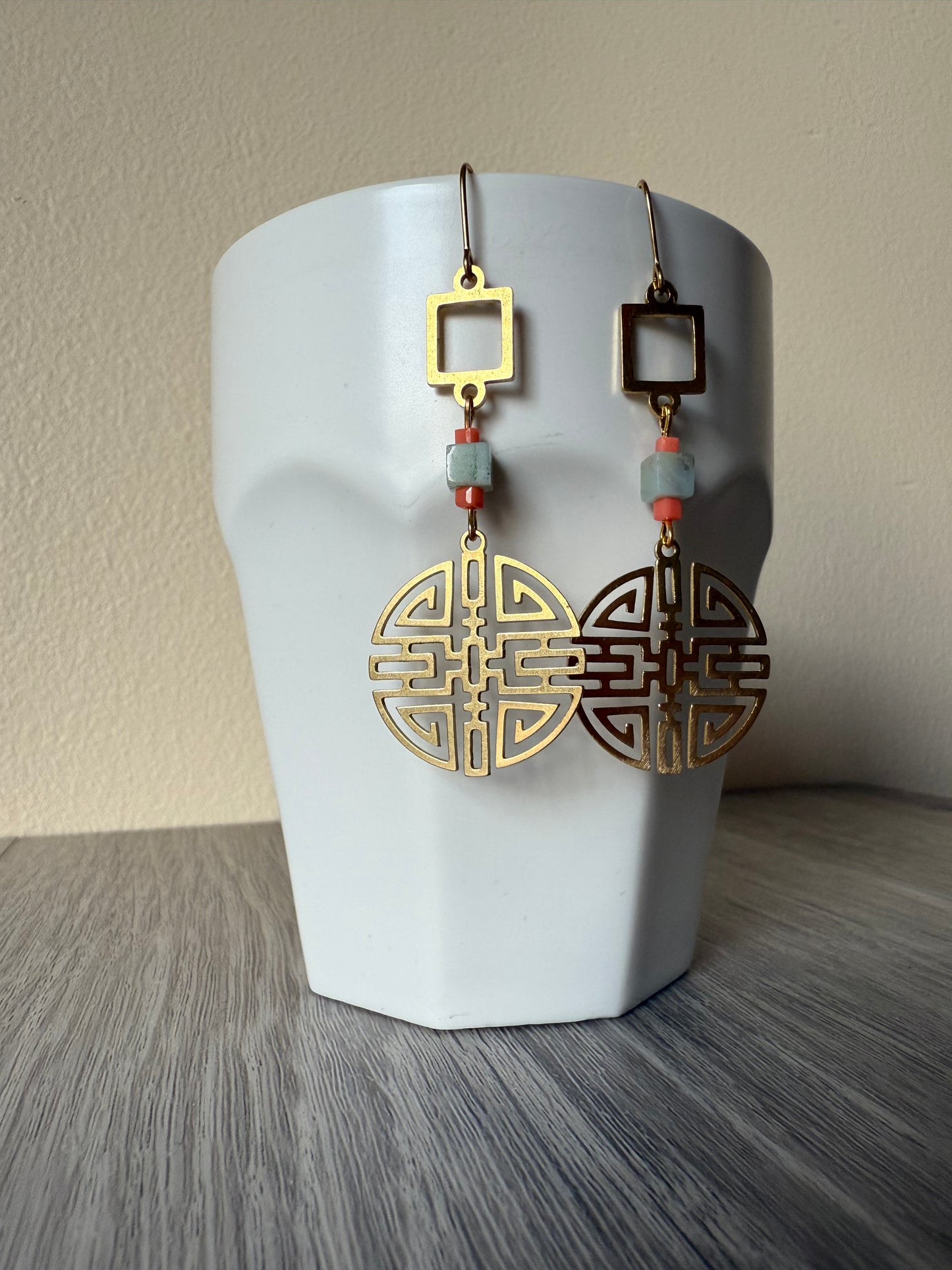 Amazonite Geometric Sphere Brass Earrings