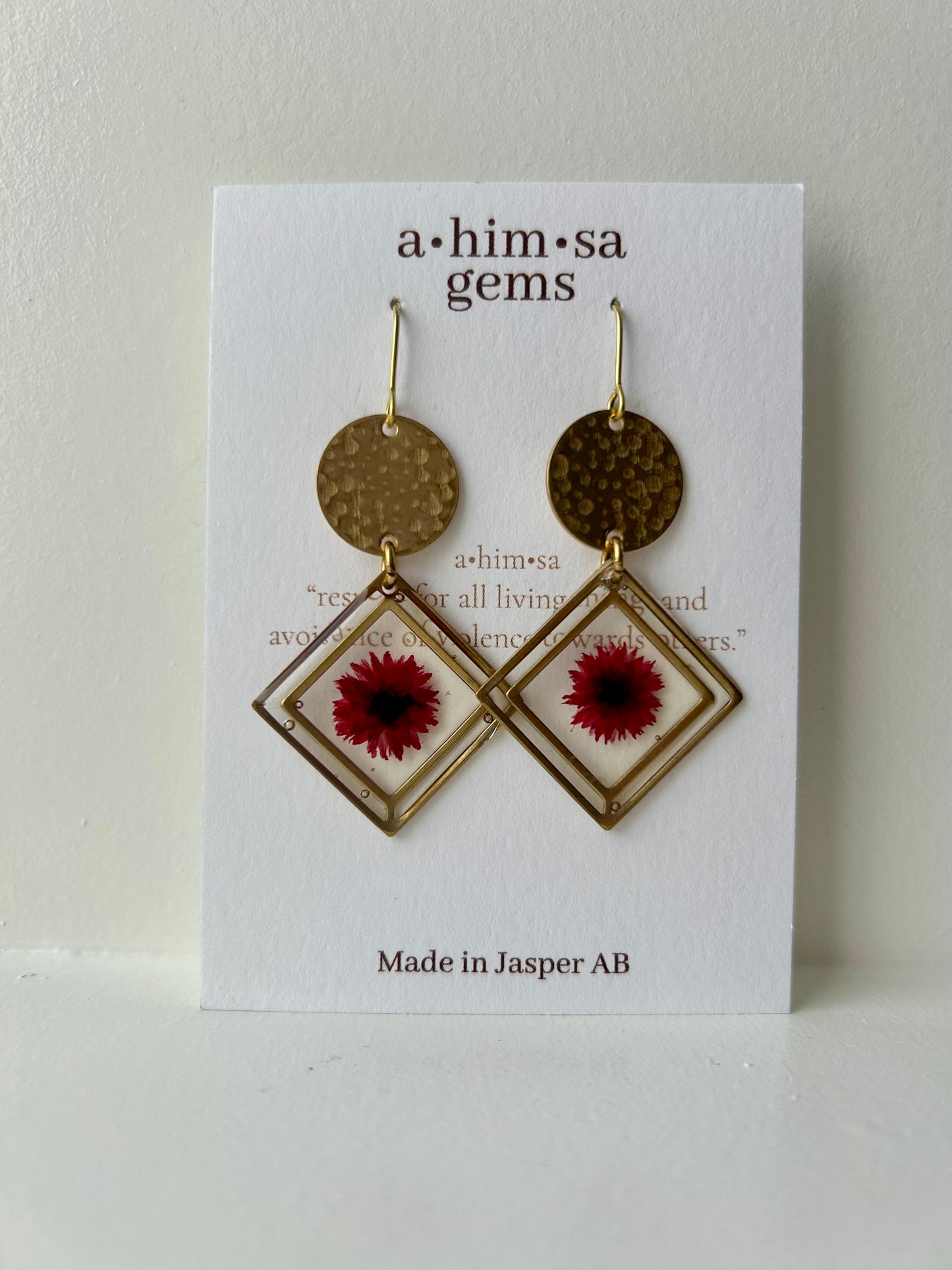 Tiny Red Flower Epoxy Brass Earrings