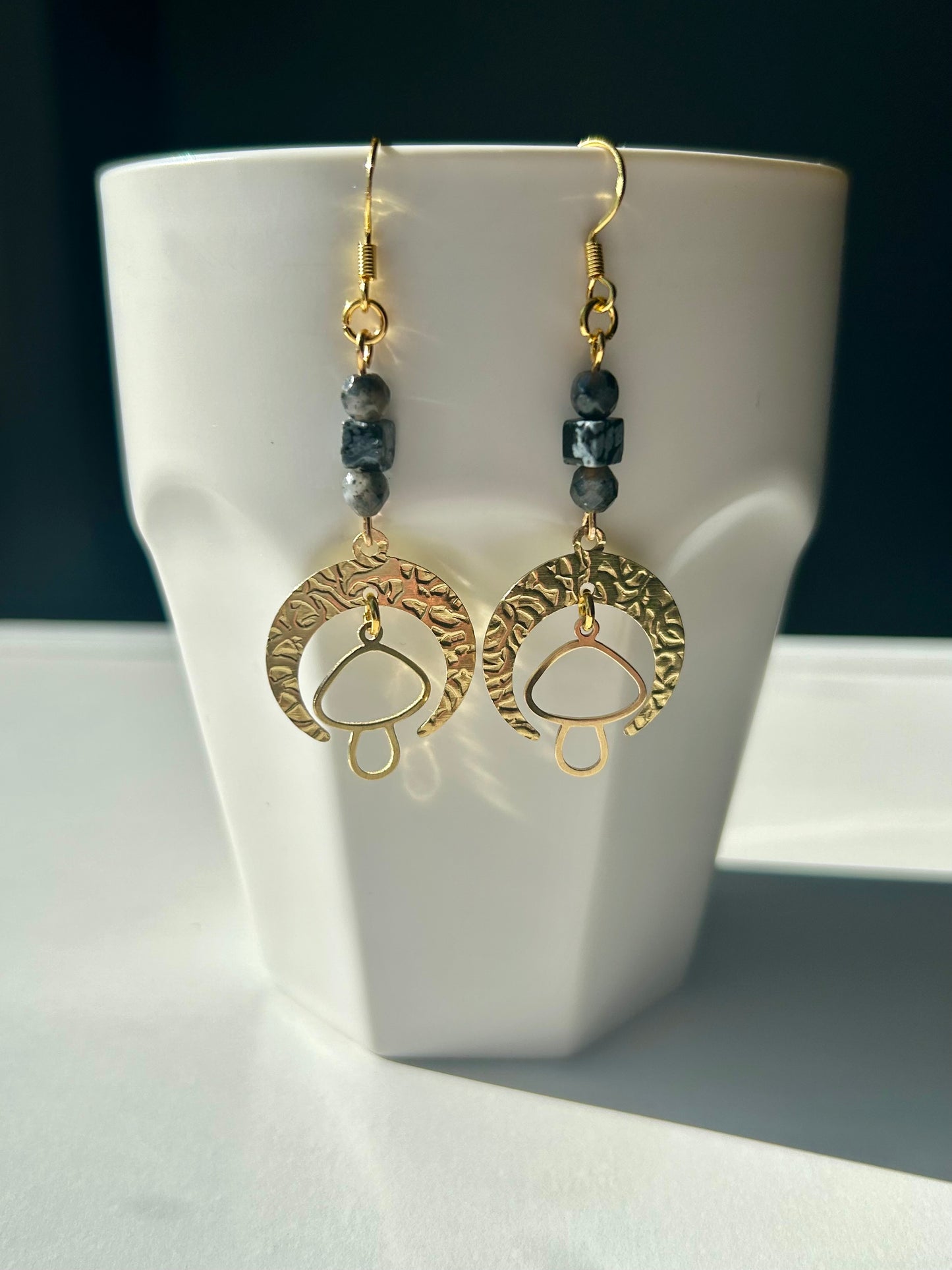 Snowflake Obsidian Moon Shroom Brass Earrings