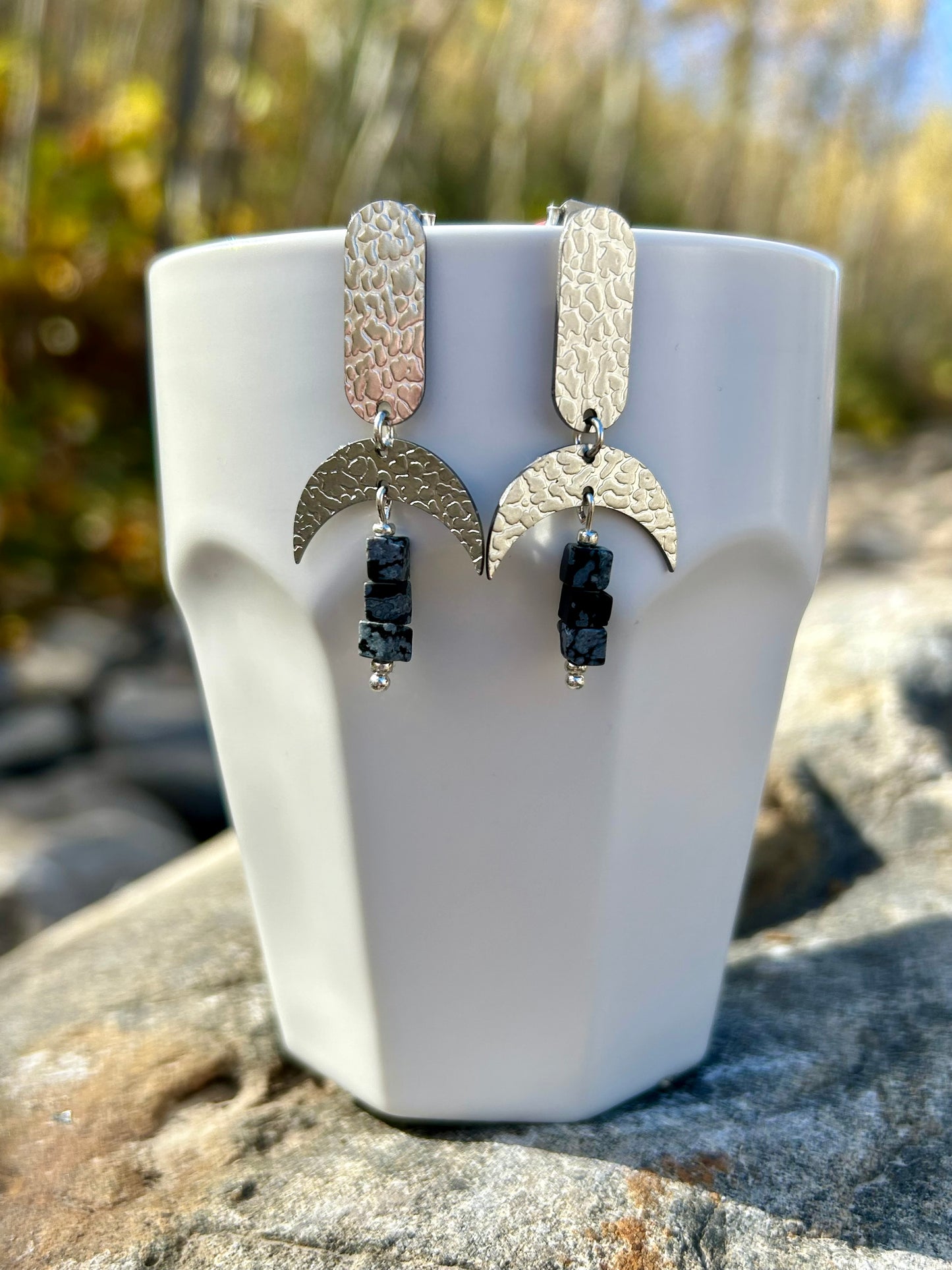 Silver Snowflake Obsidian Crescent Studs