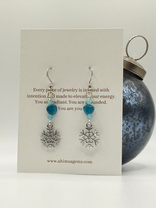 Silver Apatite Rhinestone Snowflake Earrings
