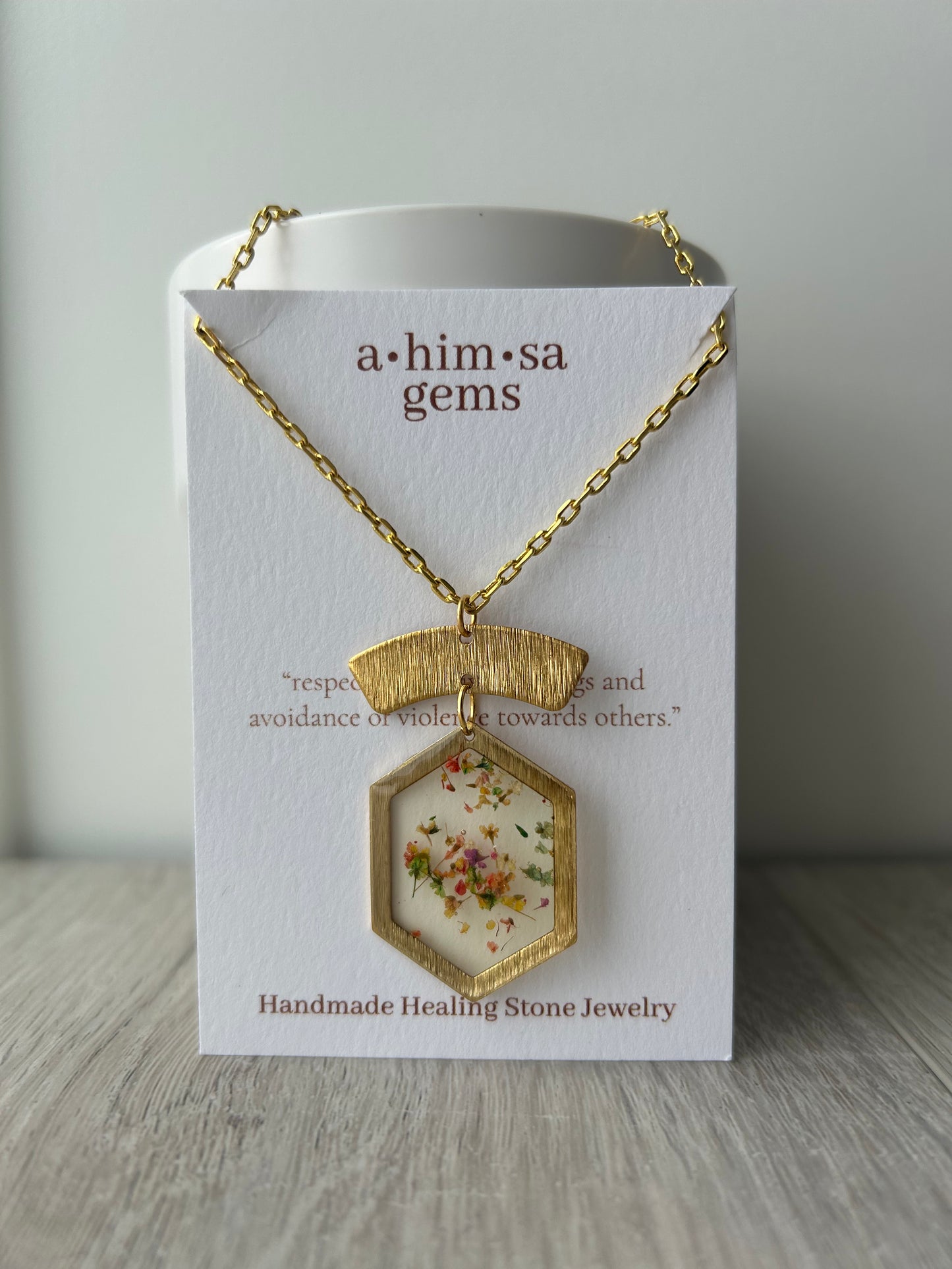 Tiny Flowers in Epoxy Brass Necklace