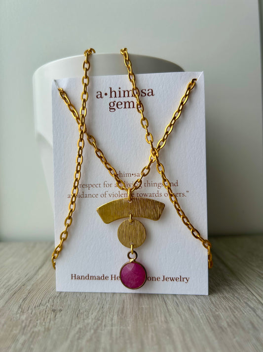 Rose Red Garnet Long Gold Necklace
