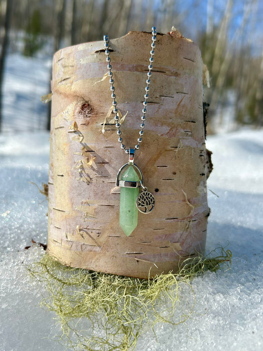 Long Silver Aventurine Tree of Life Necklace
