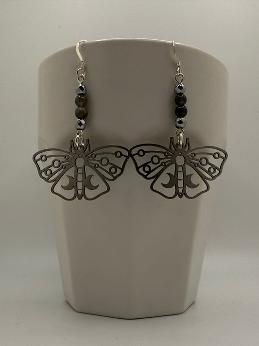 Labradorite Silver Moth Earrings