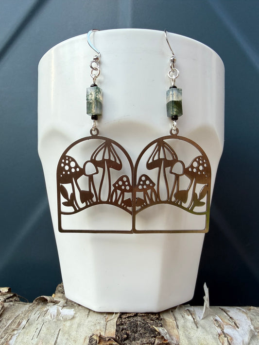 Moss Agate Mushroom Patch Silver Earrings