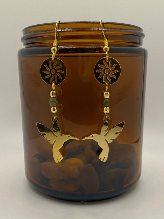 Unakite Hummingbird 24k Gold Earrings