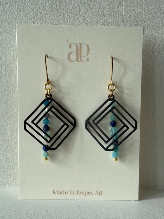 Black Plated Blue Stone Mix Geometric Earrings