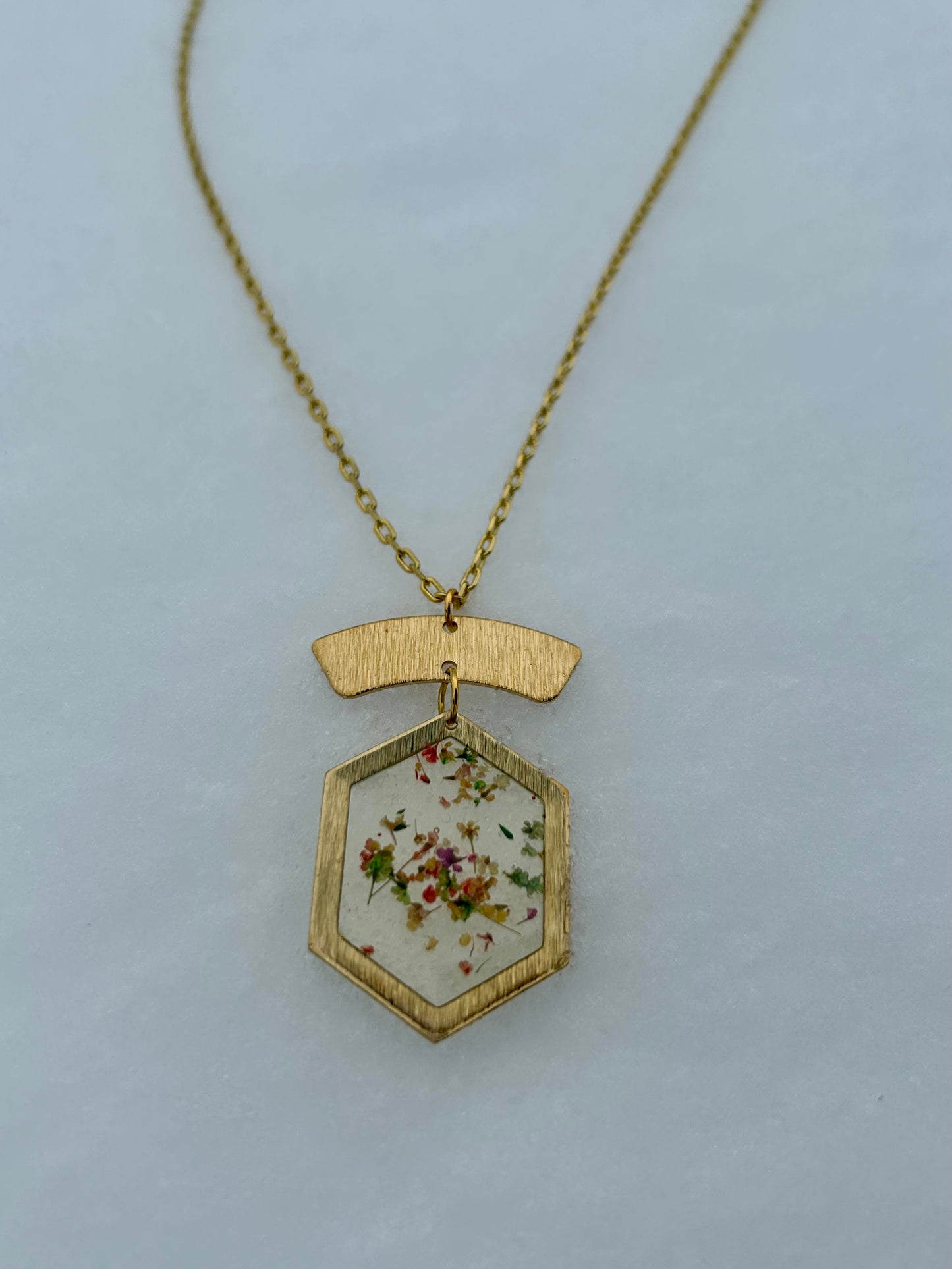 Tiny Flowers in Epoxy Brass Necklace
