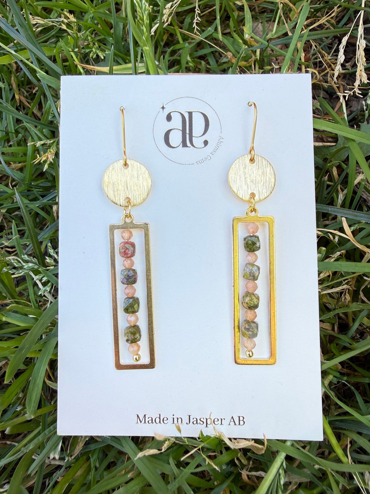 Unakite & Moonstone Brass Earrings