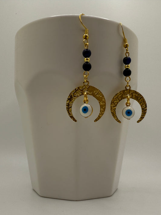 Blue Sardonyx Seeing Eye Brass Earrings