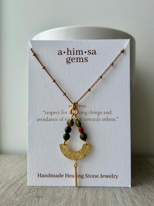 Unakite Pendant Brass Necklace