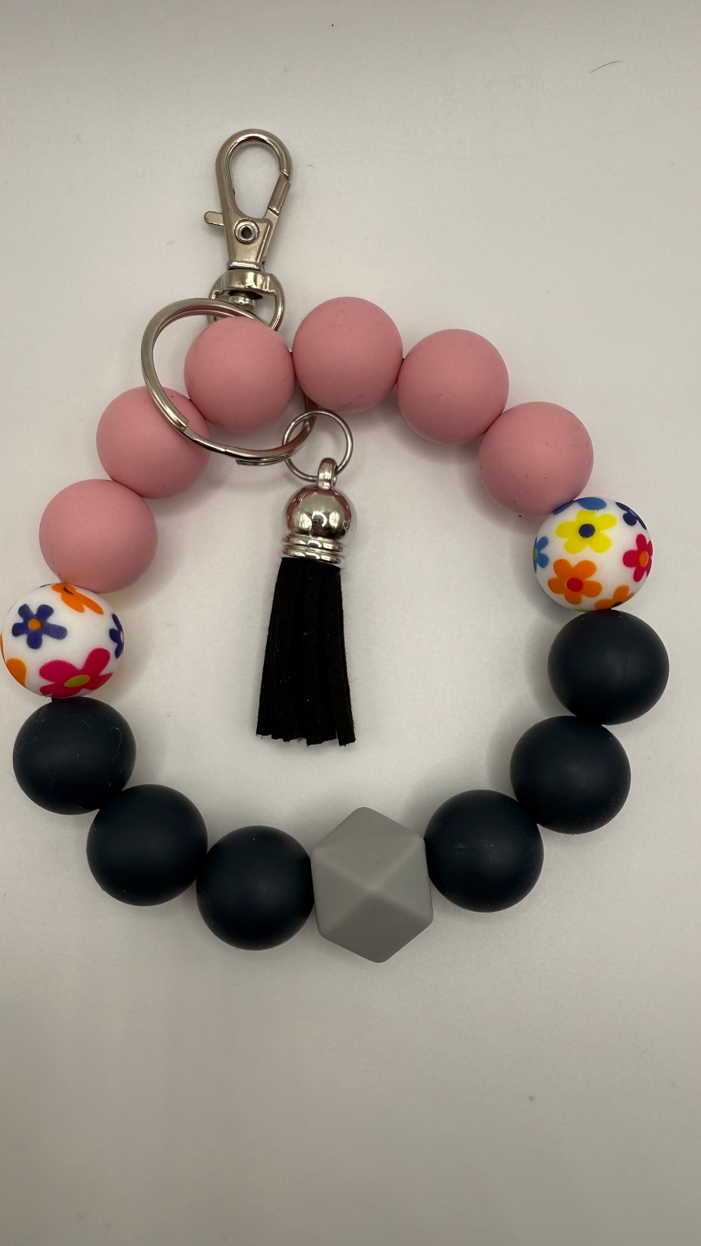 Silicone Beaded Navy/ Pink Flower Wristlet
