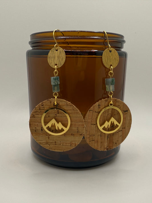 Moss Agate Cork Mountain Vibes Brass Earrings