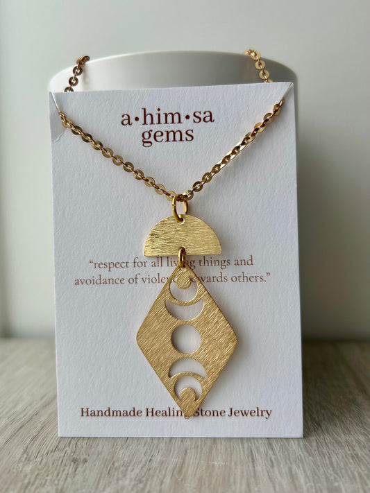 Moon Phases Long Brass Necklace