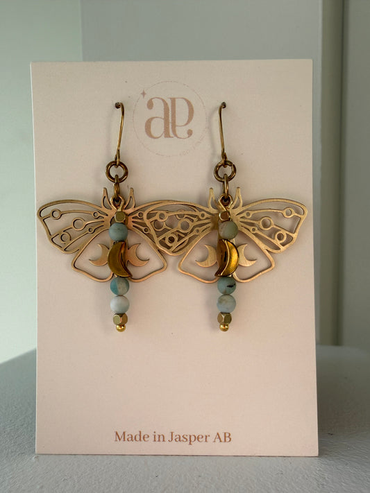 Moth Moon Amazonite Brass Earrings