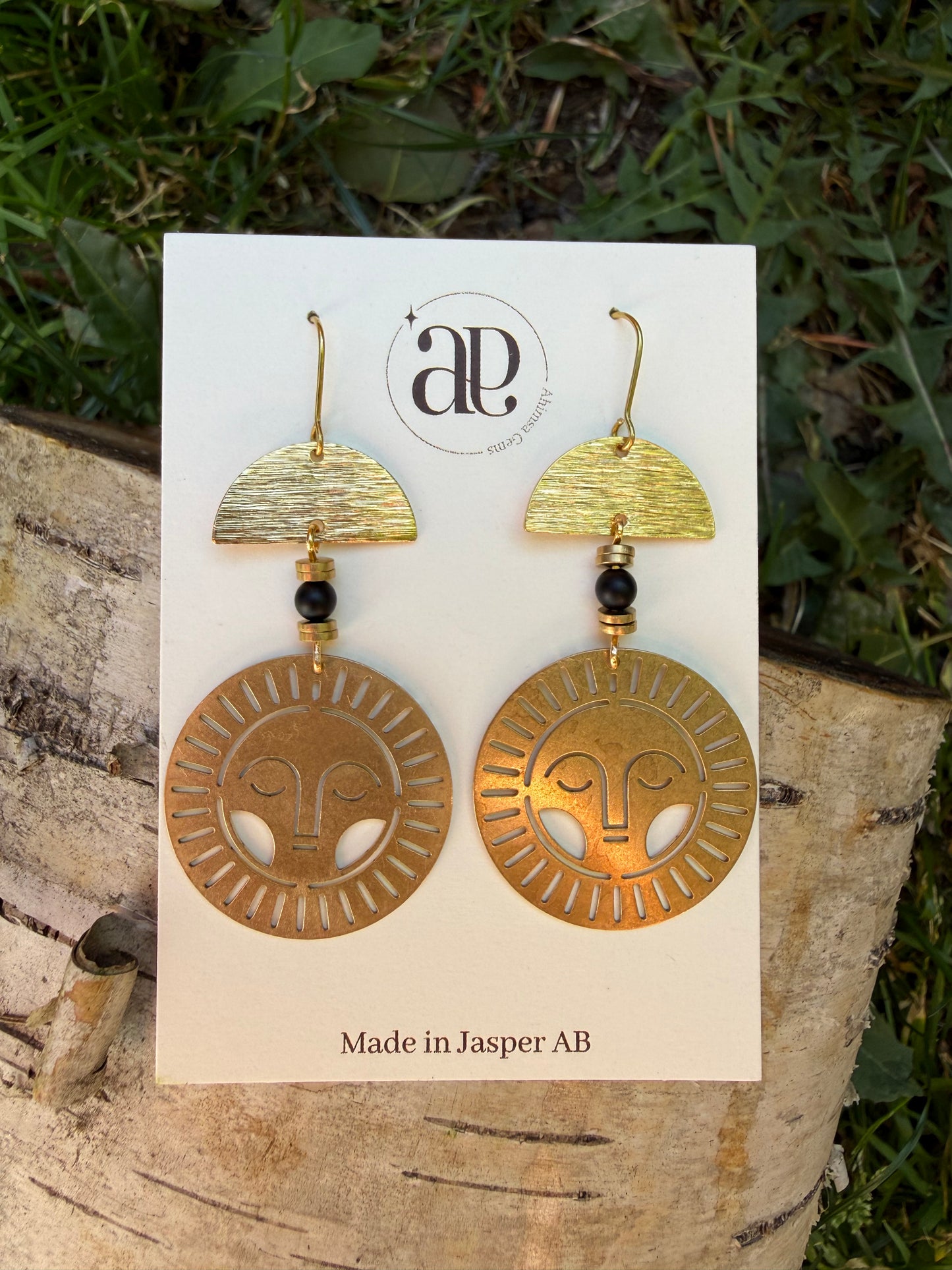 Black Onyx Happy Sun Brass Earrings
