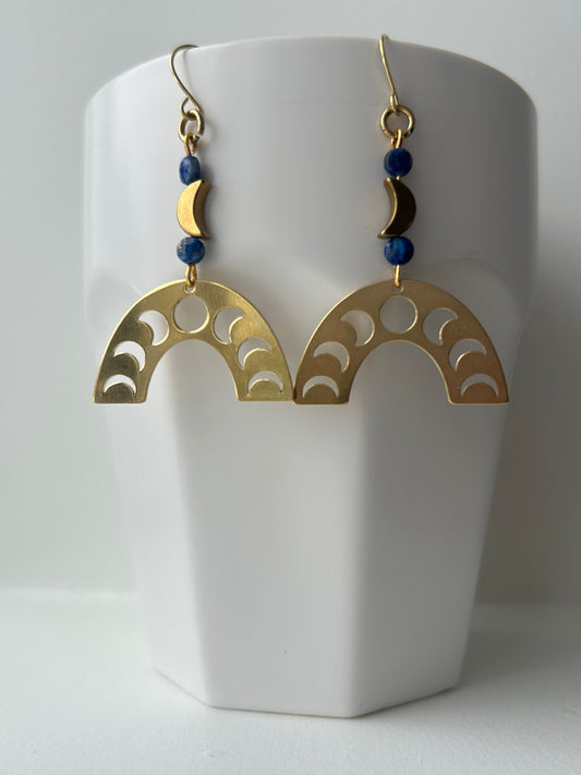 Blue Sardonyx Moon Rainbow Brass Earrings