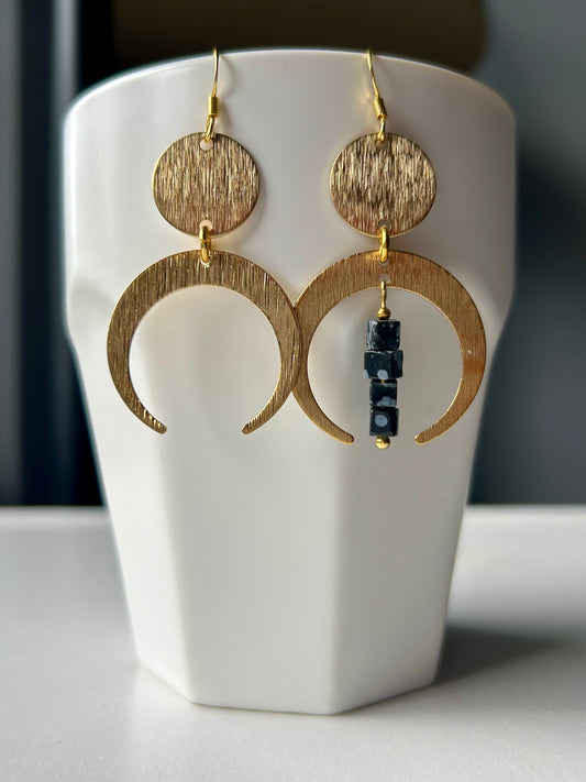Snowflake Obsidian Crescent Moon Brass Earrings
