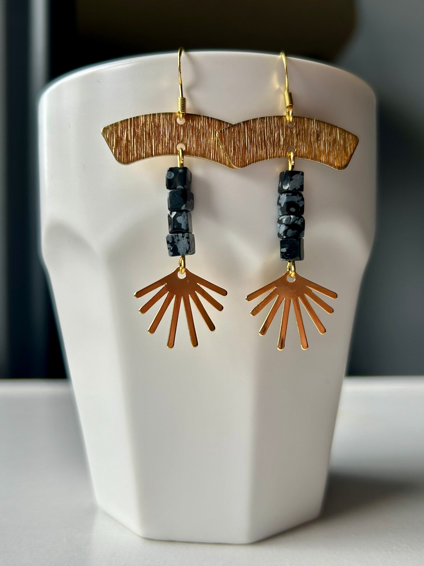 Snowflake Obsidian Sun Burst Brass Earrings