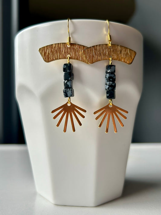 Snowflake Obsidian Sun Burst Brass Earrings