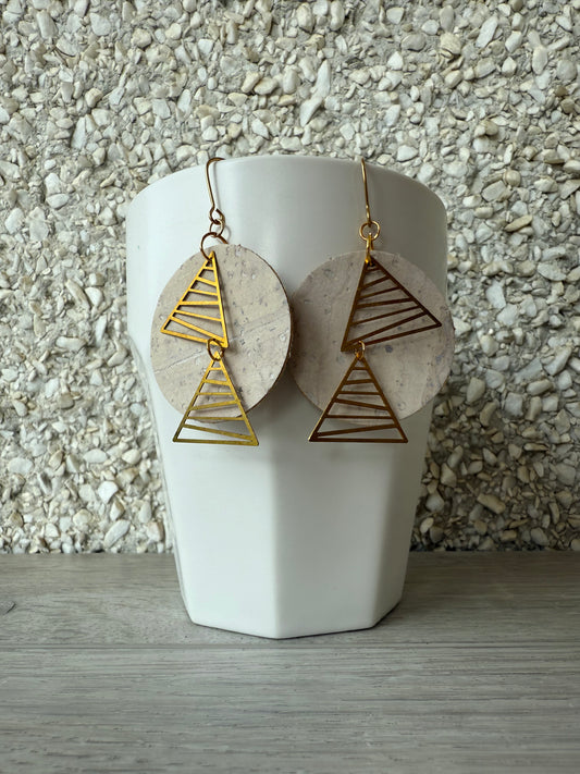 White Washed Triangle Cork Brass Earrings