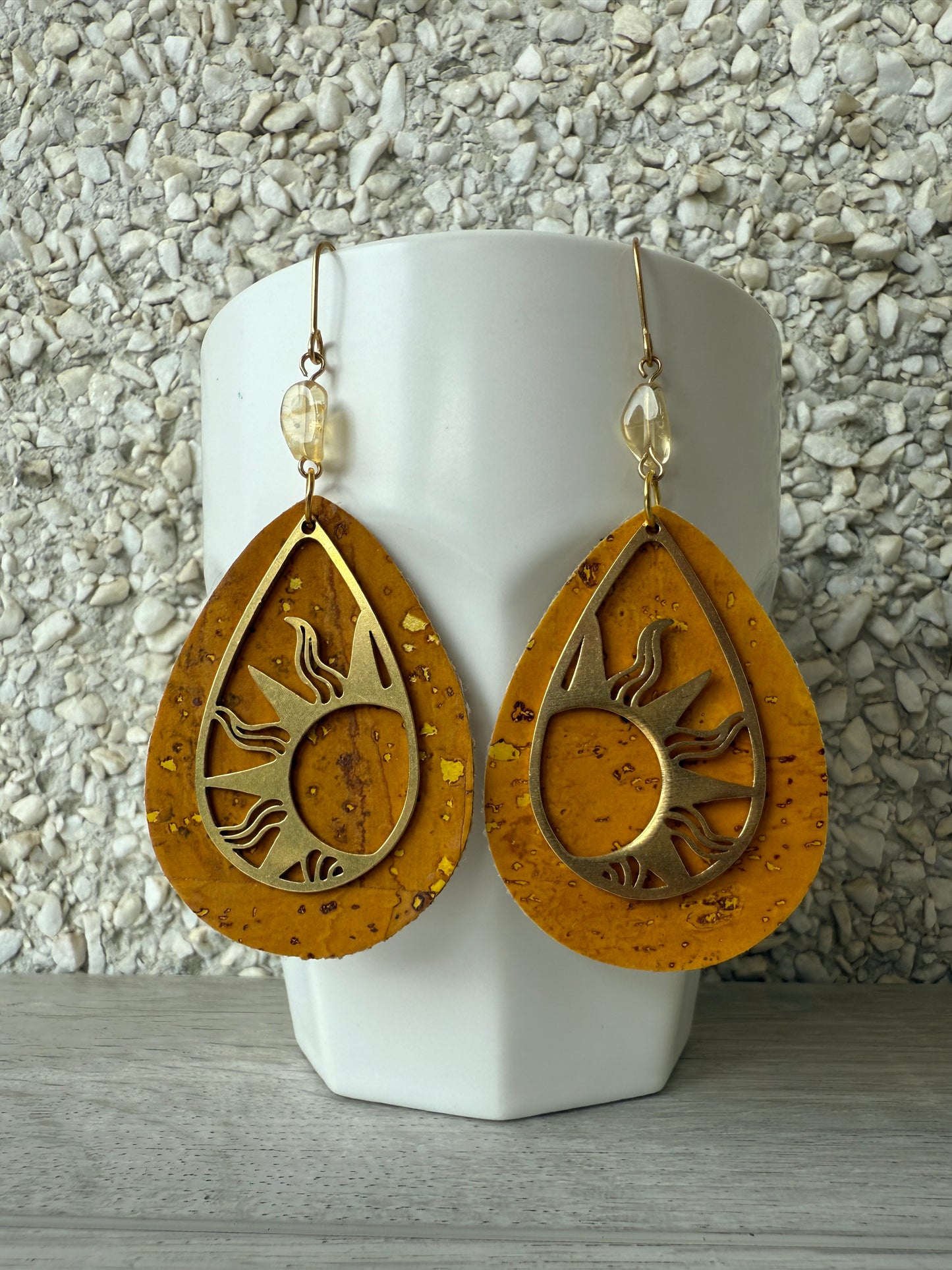 Golden Citrine Sun Drop Cork Brass Earrings