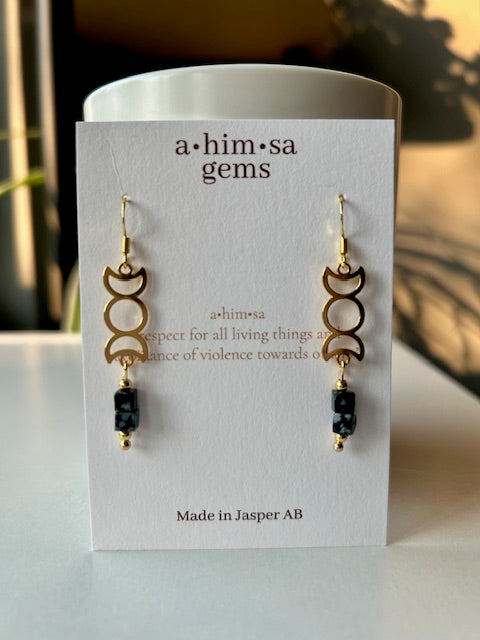 Snowflake Obsidian Tiny Moons Gold Plated Earrings