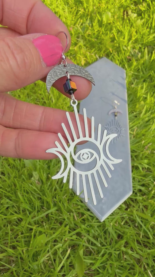 Hematite Stainless Steel Third Eye Earrings