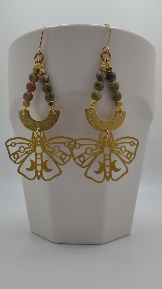 Unakite Moth 24k Gold Earrings